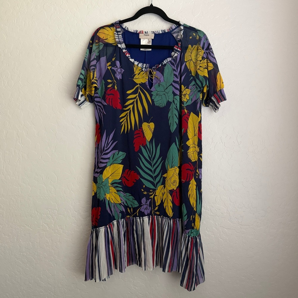 Fuzzi Women's Tropical Printed Sheer Mesh Ruffle Dress Small‎
